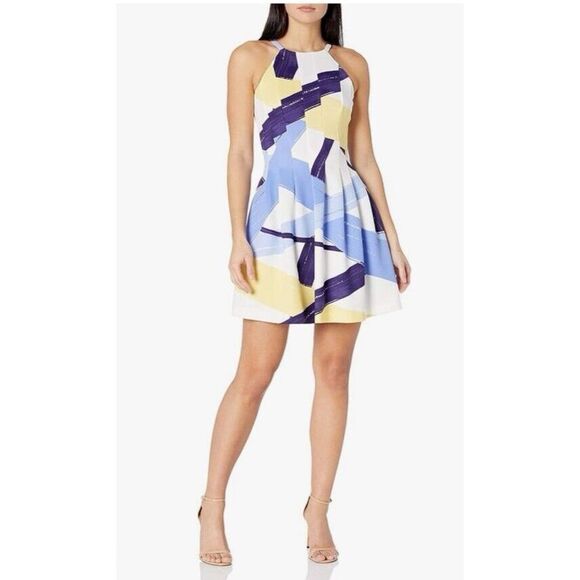 VINCE CAMUTO Abstract Print‎ Halter Fit and Flare Shades Of Blue Scuba Dress 10 - Picture 1 of 11